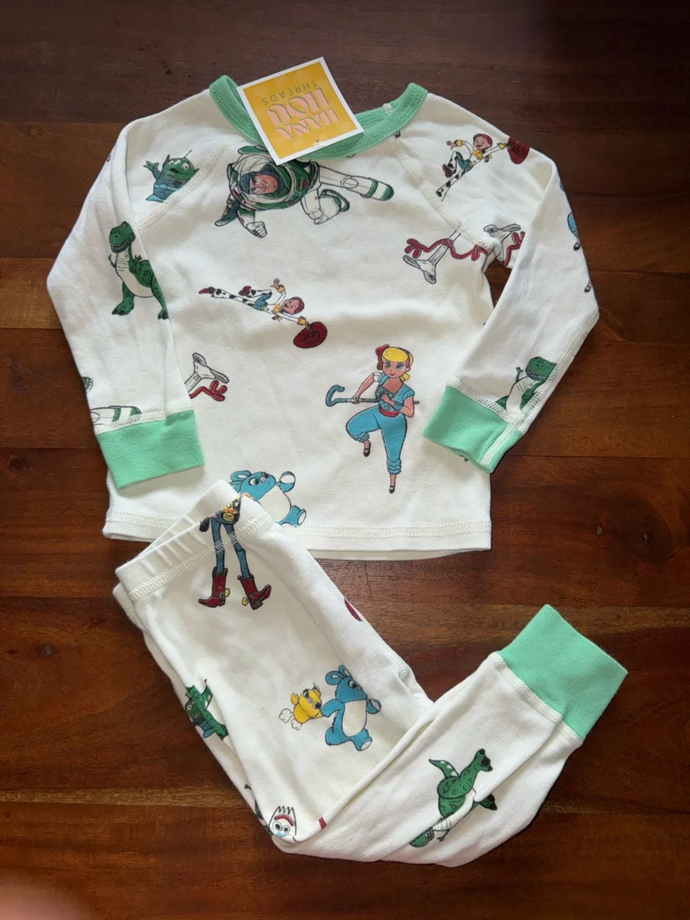 Disney Kids White Pajama Set with Mint Green Trim Toy Story‎